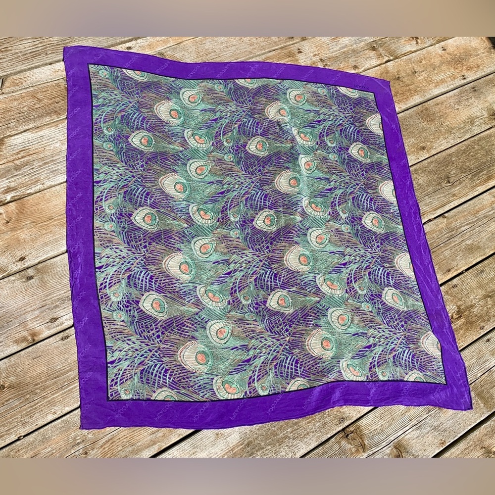 Square Peacock scarf Purple Green Orange Creamy Yellow 33 x 33”
